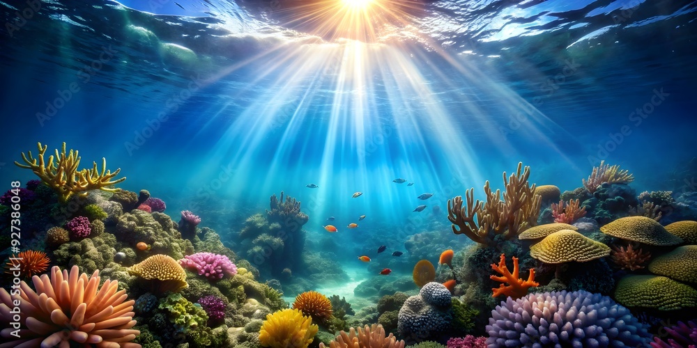 Naklejka premium Underwater coral reef with sunbeams, underwater, coral reef, ocean, sea life, marine, aquatic, biodiversity, colorful