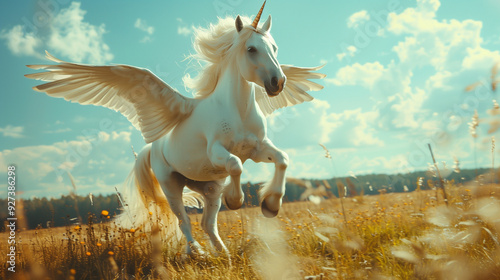 Winged unicorn galloping gracefully under the sunlight. photo