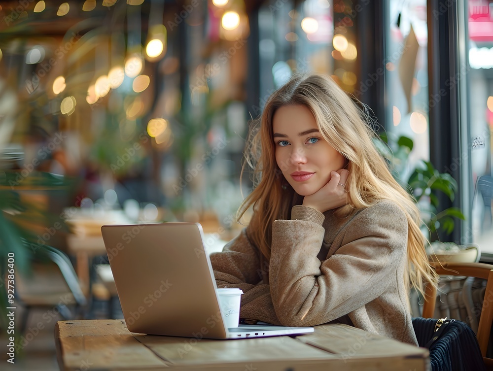A stylish and focused businesswoman working on her laptop in a cozy city cafe blending professionalism with a relaxed lifestyle A stylish and focused businesswoman working on her laptop in a cozy city cafe blending professionalism with a relaxed lifestyle