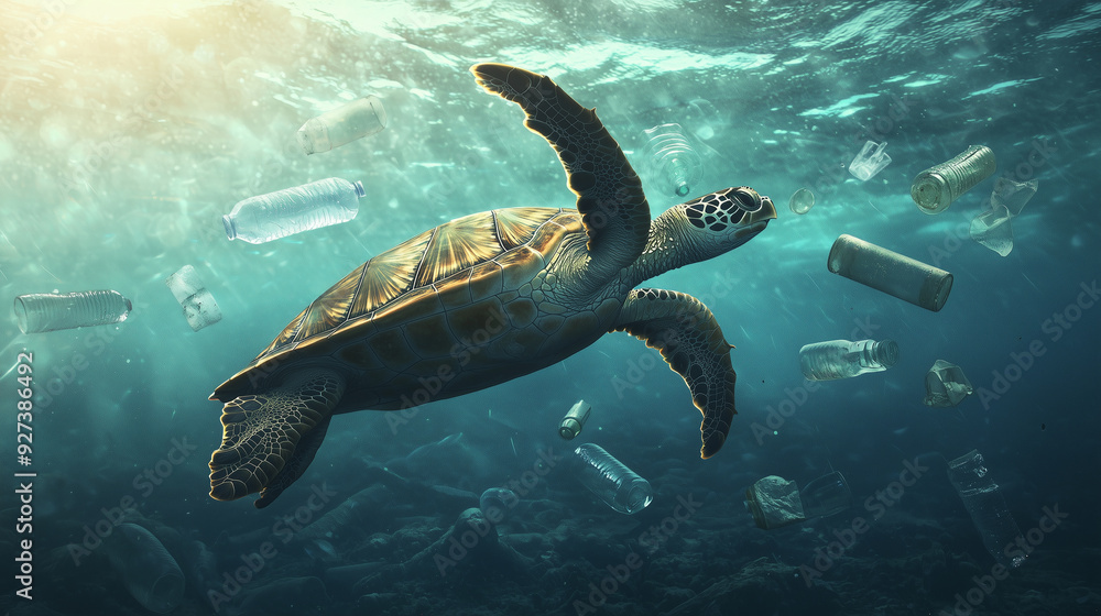 Obraz premium sea turtle is shown navigating through polluted ocean waters filled with discarded plastic bottles, effectively emphasizing the critical problem of marine pollution and the environ