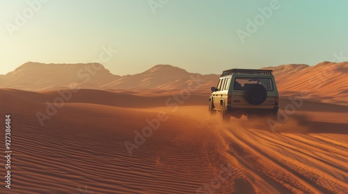 A car drives through desert dunes at sunset. photo