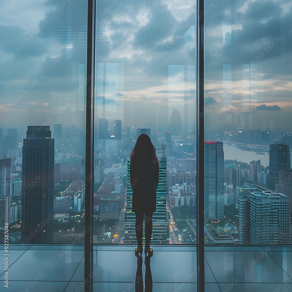 Businesswoman Overlooking City Skyline Contemplating Future Opportunities Businesswoman Overlooking City Skyline Contemplating Future Opportunities
