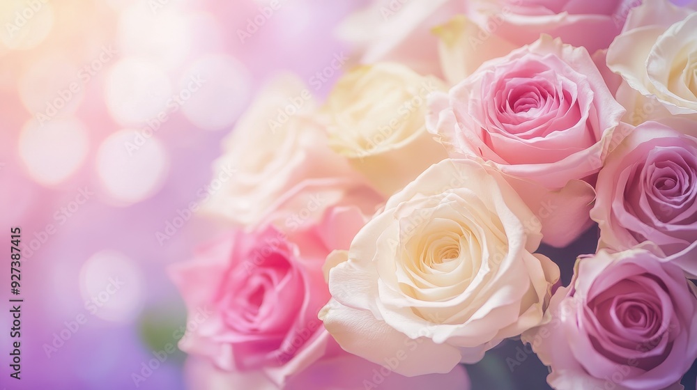 A beautiful arrangement of pink and white roses with a soft, dreamy background.