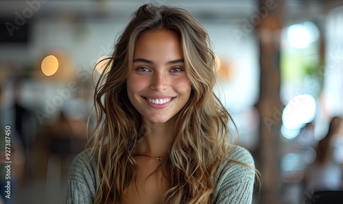 Wallpaper Mural A professional luxury car saleswoman smiling in a high-end auto dealership showroom. Torontodigital.ca