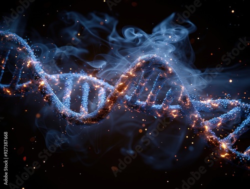 DNA Structure with Glowing Particles and Smoke