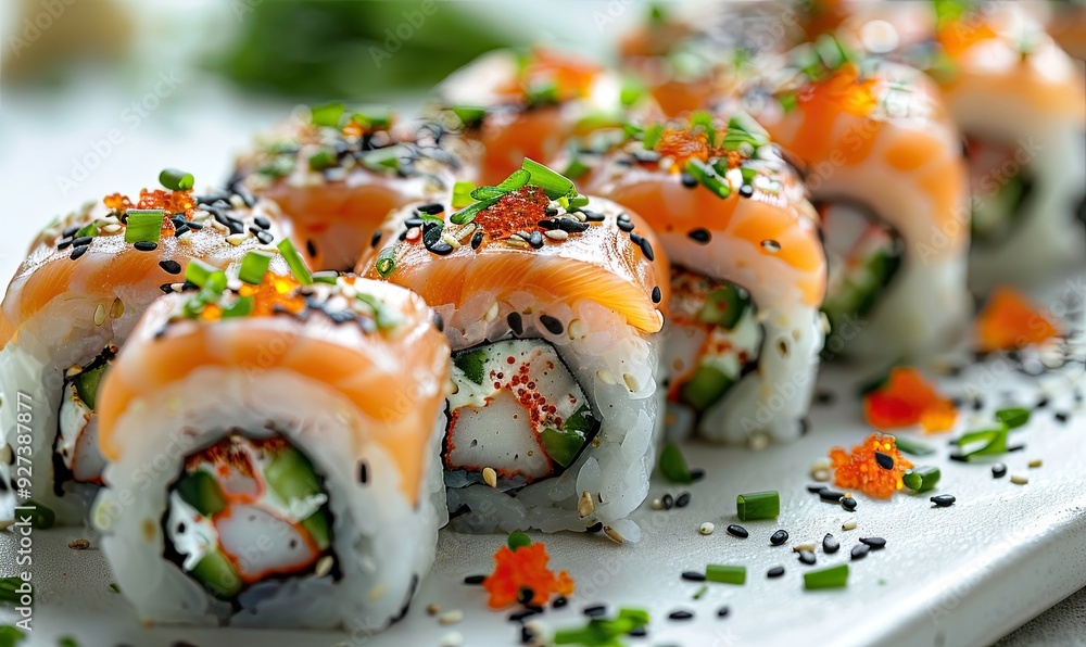 A perfectly crafted sushi roll isolated on a white background, emphasizing its presentation. A perfectly crafted sushi roll isolated on a white background, emphasizing its presentation.