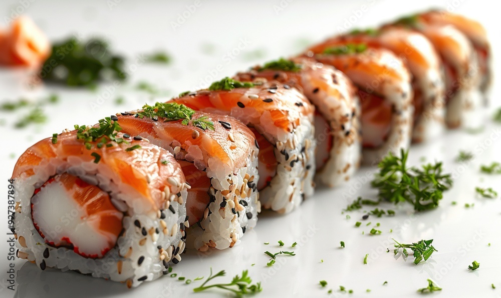 A perfectly crafted sushi roll isolated on a white background, emphasizing its presentation. A perfectly crafted sushi roll isolated on a white background, emphasizing its presentation.