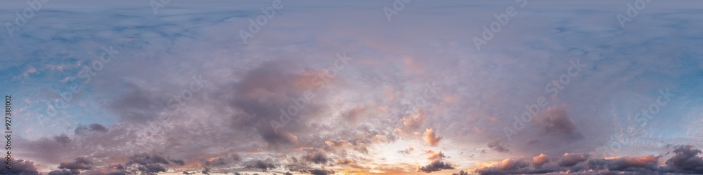 Obraz premium 360 panorama of glowing sunset sky with bright pink Cumulus clouds. HDR 360 seamless spherical panorama. Full zenith or sky dome sky replacement for aerial drone panoramas. Climate and weather change.