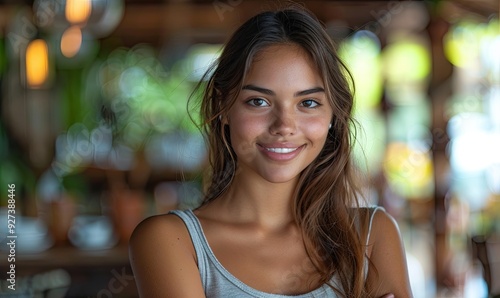 A young Latina woman with crossed arms and a cheerful smile, looking confident in a portrait.