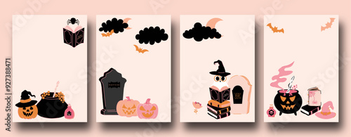 Vector set of Happy Halloween posters. Trendy hand drawn greetings template.