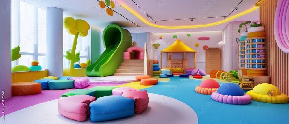 Fototapeta premium Colorful indoor playroom featuring slides, soft seating, and playful decor for children's fun and creativity.