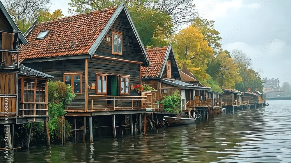 Obraz premium painting style illustration banner wallpaper, beautiful Oil painting of a wooden house by the canal village landscape, Generative Ai