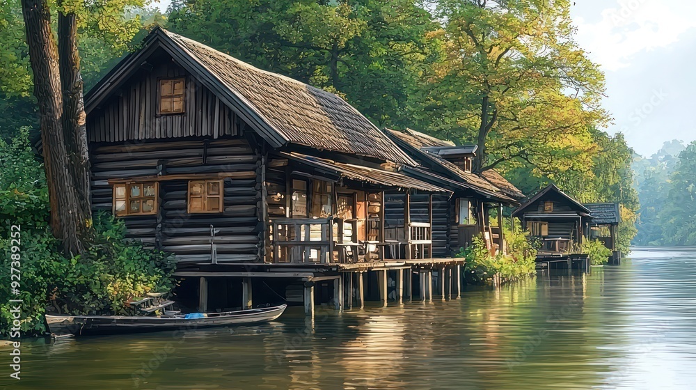 Naklejka premium painting style illustration banner wallpaper, beautiful Oil painting of a wooden house by the canal village landscape, Generative Ai
