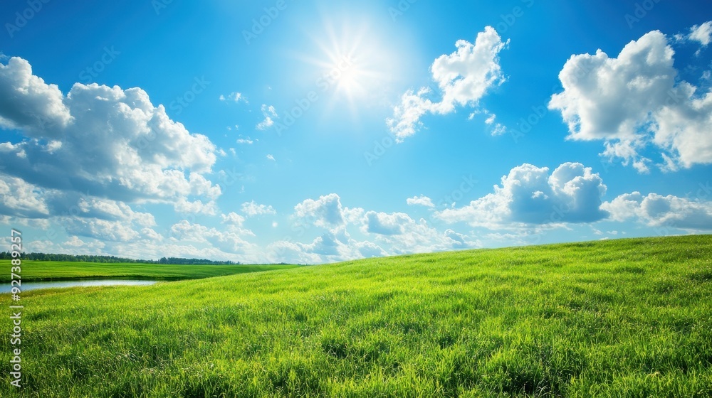 A bright landscape featuring green grass under a blue sky with fluffy clouds. A bright landscape featuring green grass under a blue sky with fluffy clouds.