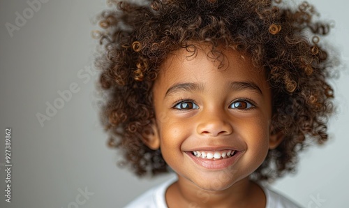 A professional studio portrait captures a cute mixed-race boy child model with perfect teeth, laughing and smiling against a clean white background for ads and web design.