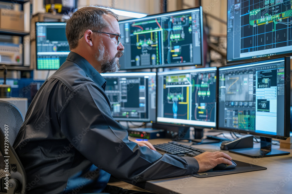 engineer working on multiple monitors controlling application engineer working on multiple monitors controlling application