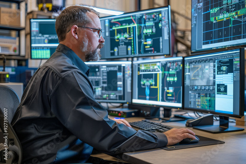 Wallpaper Mural engineer working on multiple monitors controlling application Torontodigital.ca