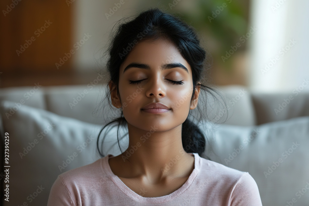 Close-Up of a Tranquil Indian Woman Meditating on a Couch: Yoga and Deep Breathing for Mental Health in a Cozy Home Environment Close-Up of a Tranquil Indian Woman Meditating on a Couch: Yoga and Deep Breathing for Mental Health in a Cozy Home Environment