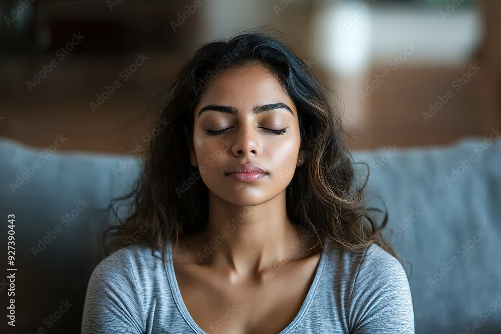 Close-Up of a Tranquil Indian Woman Meditating on a Couch: Yoga and Deep Breathing for Mental Health in a Cozy Home Environment Close-Up of a Tranquil Indian Woman Meditating on a Couch: Yoga and Deep Breathing for Mental Health in a Cozy Home Environment