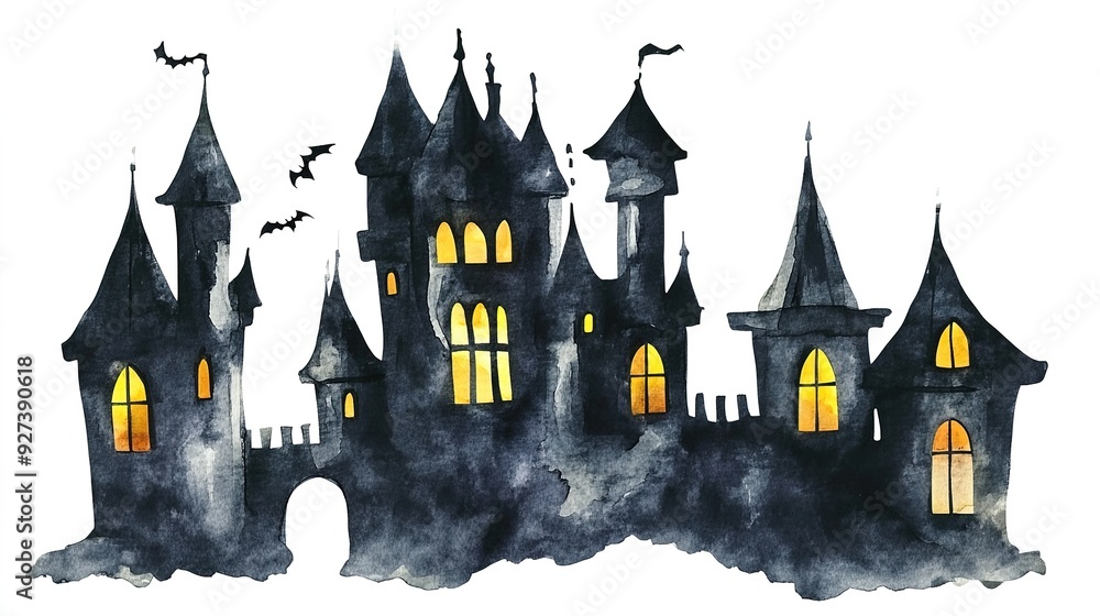Watercolor Illustration of a Witch's Castle: Black Silhouette with Yellow Windows on a White Background Watercolor Illustration of a Witch's Castle: Black Silhouette with Yellow Windows on a White Background