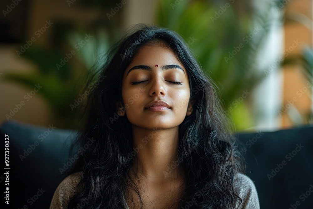 Obraz premium Indian Woman in Meditation Pose on a Couch: Close-Up of Deep Breathing Yoga Practice for Relaxation and Mental Health at Home