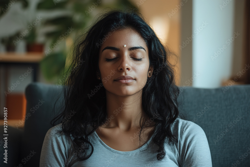 Relaxed Indian Woman Meditating on a Couch: Close-Up View of Deep Breathing Yoga for Mental Wellness in a Peaceful Living Room Relaxed Indian Woman Meditating on a Couch: Close-Up View of Deep Breathing Yoga for Mental Wellness in a Peaceful Living Room