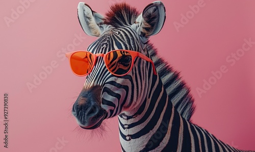 A zebra wearing sunglasses is isolated on a solid pastel background, presenting a creative and surreal commercial advertisement concept. photo