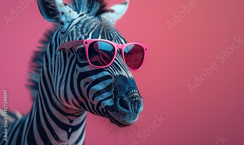 A zebra wearing sunglasses is isolated on a solid pastel background, presenting a creative and surreal commercial advertisement concept. photo