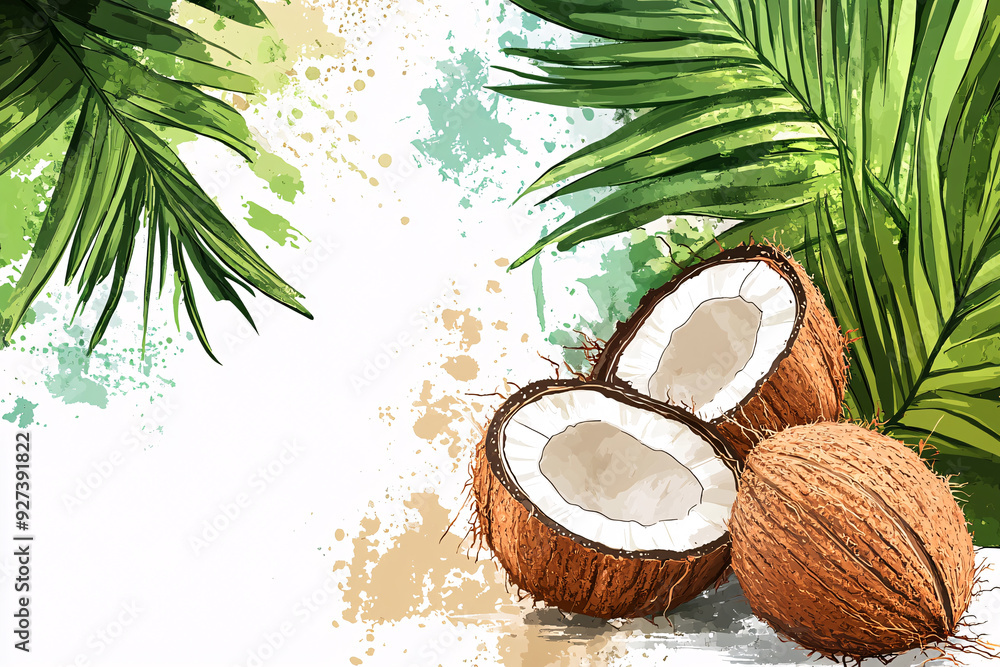 illustration of two coconuts with palm leaves, placed on a white background with splashes of green and brown illustration of two coconuts with palm leaves, placed on a white background with splashes of green and brown