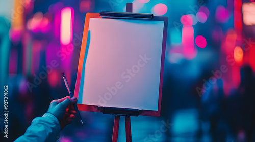 Clipboard on a stand with corporate night background