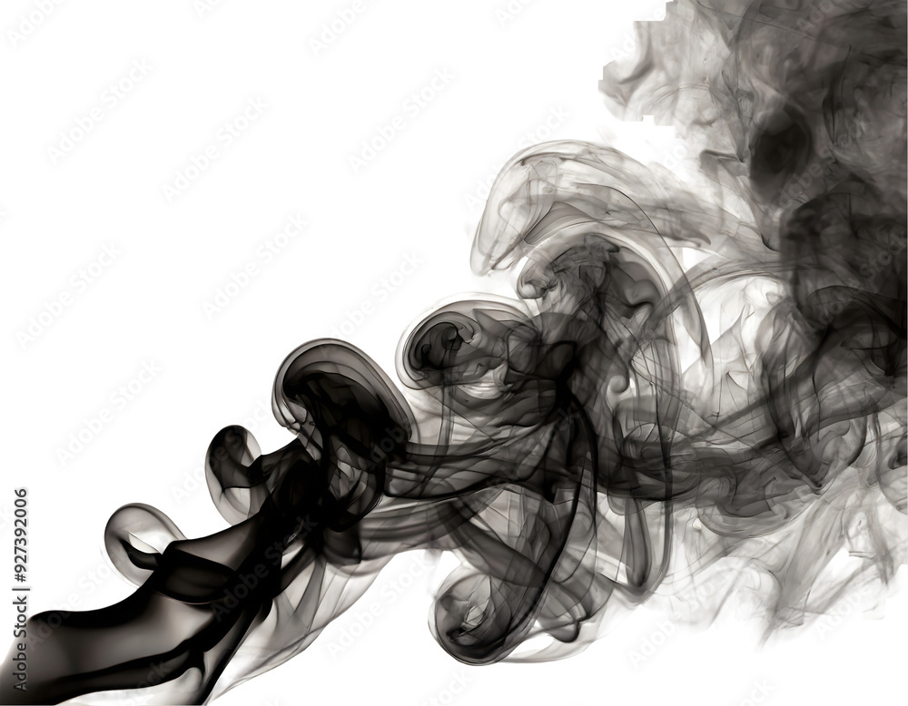 Black dark smoke on a white isolated background. Generative AI.