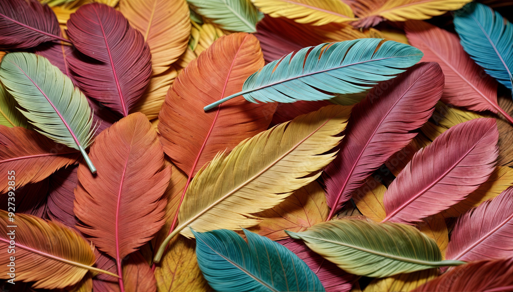 Fototapeta premium Vibrant autumn leaves in shades of red, yellow, and blue are scattered across a textured background, creating a lively display of colors