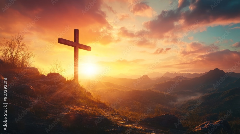 sunset illuminates a cross on a mountain, symbolizing faith, hope, and spirituality in nature. Captures the serene and spiritual essence of the natural landscape. sunset illuminates a cross on a mountain, symbolizing faith, hope, and spirituality in nature. Captures the serene and spiritual essence of the natural landscape.