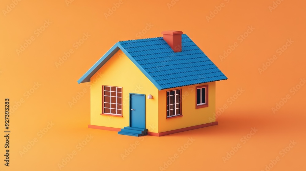 A 3D small house with a blue roof on an orange background, isolated and simple design. A 3D small house with a blue roof on an orange background, isolated and simple design.
