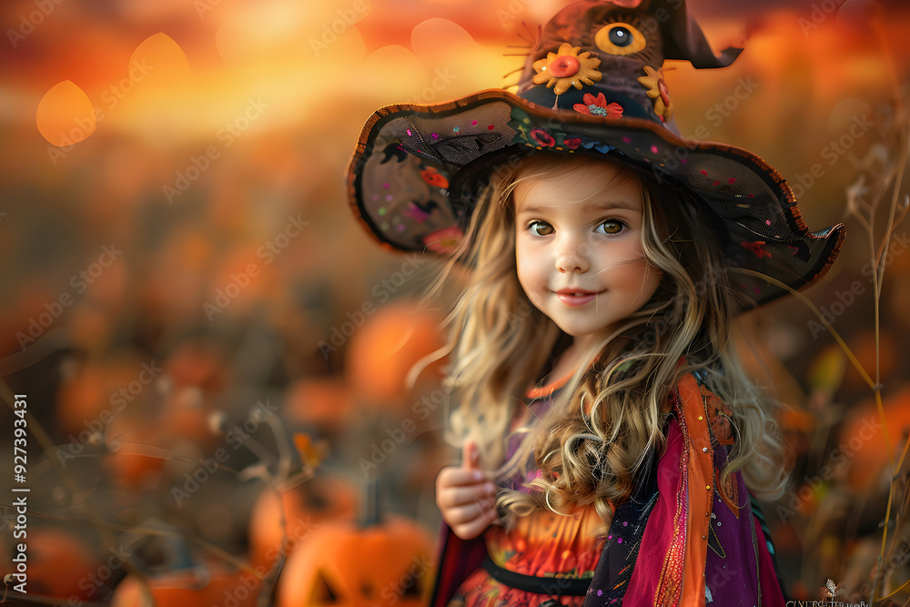 Joyful Child in Playful Witch Costume with Floppy Hat and Colorful Cape Standing in Pumpkin Patch at Sunset. Cheerful Halloween-Themed Scene with Jack-O'-Lanterns, Perfect for Children's Portraits. Joyful Child in Playful Witch Costume with Floppy Hat and Colorful Cape Standing in Pumpkin Patch at Sunset. Cheerful Halloween-Themed Scene with Jack-O'-Lanterns, Perfect for Children's Portraits.