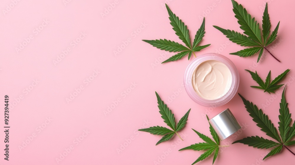 Top view of cannabis-infused skincare cream in jars surrounded by green leaves on a vibrant pink background. Perfect for natural beauty, wellness, and self-care themes. Top view of cannabis-infused skincare cream in jars surrounded by green leaves on a vibrant pink background. Perfect for natural beauty, wellness, and self-care themes.