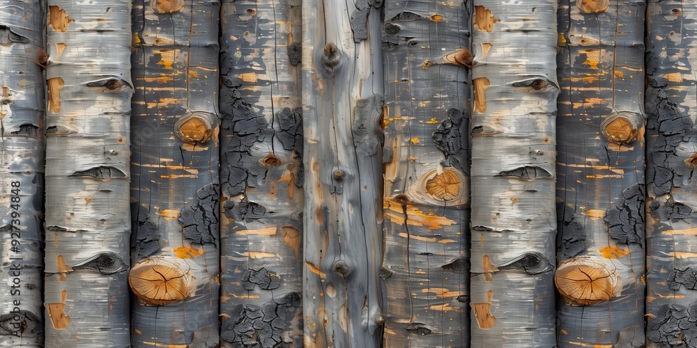 Close-up of vertical birch logs with weathered bark, showcasing a rustic, striped pattern and natural wood grain. Ideal for backgrounds, highlighting organic textures and aged design. Close-up of vertical birch logs with weathered bark, showcasing a rustic, striped pattern and natural wood grain. Ideal for backgrounds, highlighting organic textures and aged design.