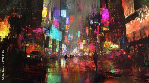 A digital painting of a city street at night with bright neon signs and reflections in the wet pavement.