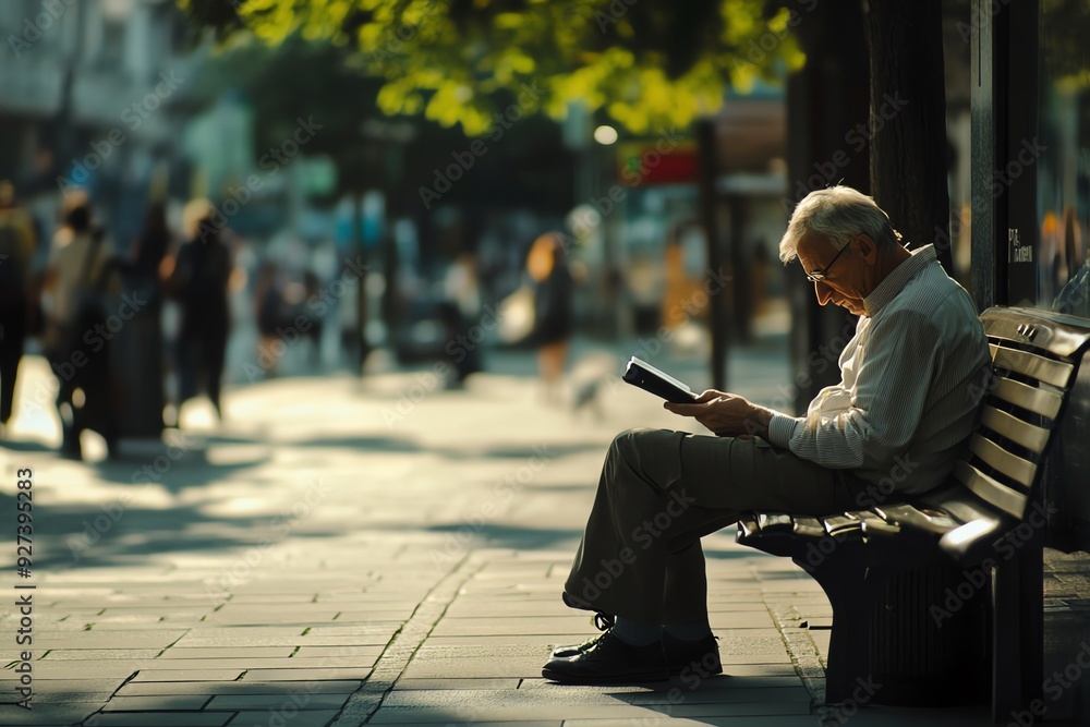 Elderly Man Reading a Book on a Bench in a City Setting Elderly Man Reading a Book on a Bench in a City Setting