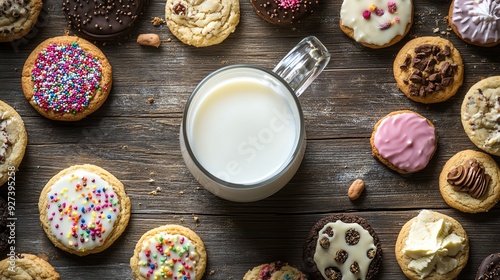 Illustrate a birds-eye view of a milk jug surrounded by a variety of cookies on a rustic wooden table, emphasizing the contrast between the white milk and the colorful treats photo