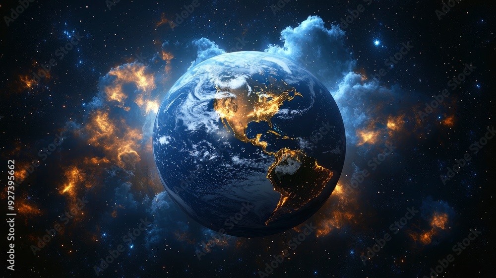 Earth in Space with Bright Nebula Earth in Space with Bright Nebula