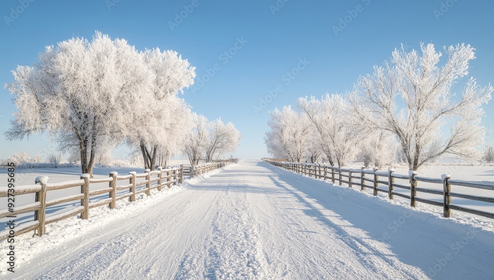 Obraz premium Snow-Covered Road with Frosty Trees on a Clear Winter Day