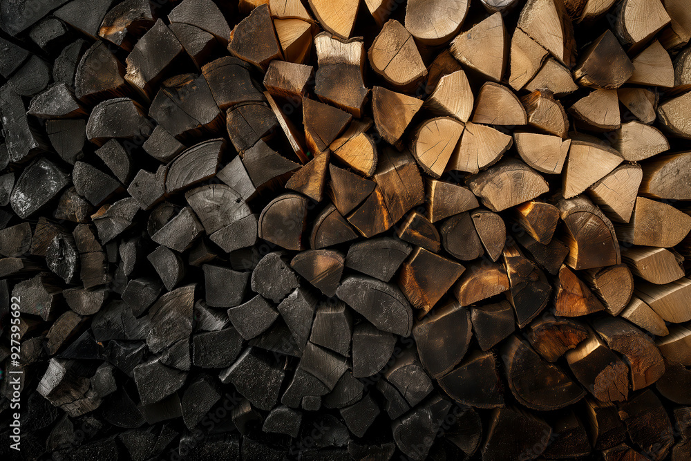Stacked firewood in a gradient pattern, showcasing rustic texture and natural wood design. Ideal for backgrounds, emphasizing the abstract arrangement and close-up details of cut logs. Stacked firewood in a gradient pattern, showcasing rustic texture and natural wood design. Ideal for backgrounds, emphasizing the abstract arrangement and close-up details of cut logs.