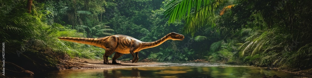 Obraz premium A dinosaur is walking through a jungle. The jungle is lush and green, with a river running through it. The dinosaur is the main focus of the image