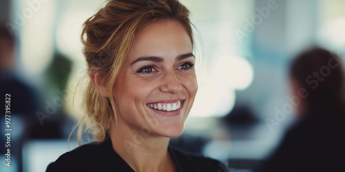 Wallpaper Mural A woman with blonde hair and a smile on her face. She is wearing a black shirt and is standing in front of a wall Torontodigital.ca