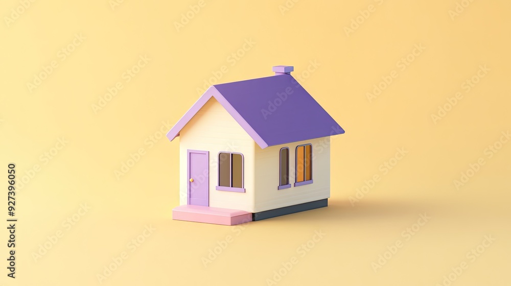 A 3D tiny home with a purple roof on a light yellow background, with clean lines. A 3D tiny home with a purple roof on a light yellow background, with clean lines.