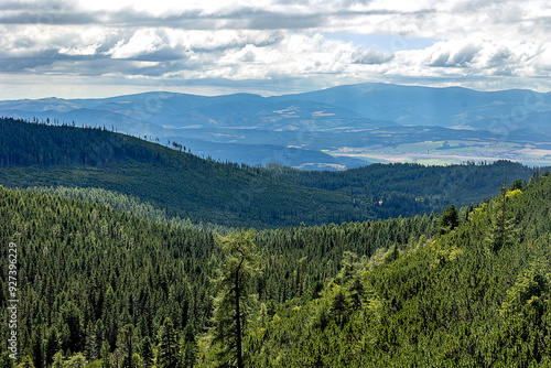 Expansive view of a dense evergreen forest stretching across rolling hills with distant mountains and a partly cloudy sky in the background