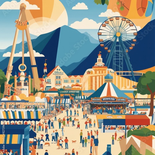 A festive and crowded amusement park scene with a Ferris wheel, roller coaster, carousel, and food stalls.