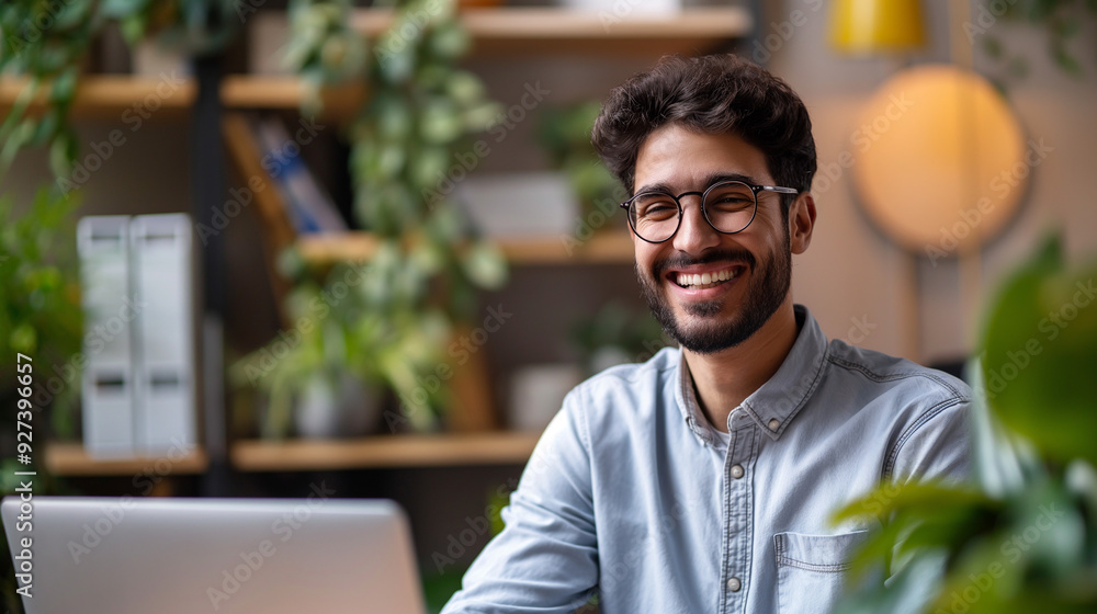 Smiling Man Working on Laptop in a Cozy, Plant-Filled Office Space Smiling Man Working on Laptop in a Cozy, Plant-Filled Office Space