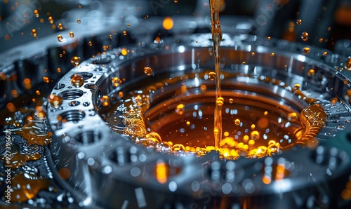 A close-up view of a metal bearing with dynamic oil splashes represents machinery lubrication and maintenance. photo